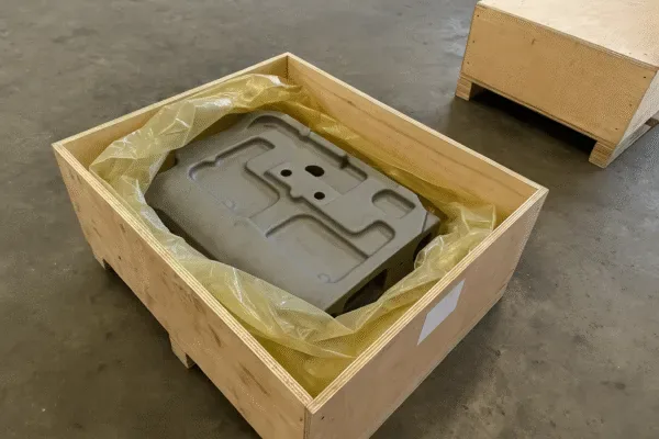 Wooden export crate with a large custom metal component wrapped in protective film, showing secure OEM packaging for international shipping.