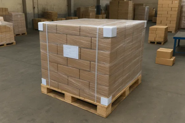 Wrapped and palletized cardboard boxes in a warehouse, ready for shipping with product information label.