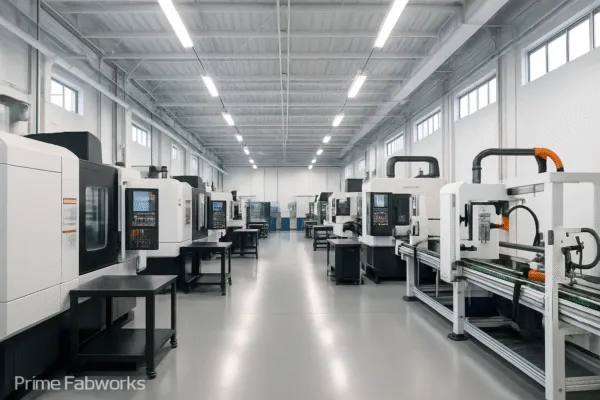 A view of Prime Fabworks' CNC machining floor with multiple machines in operation.
