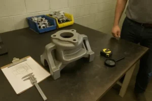 Engineer inspecting a metal casting with a caliper and magnifying glass, reviewing dimensions and quality of the part.