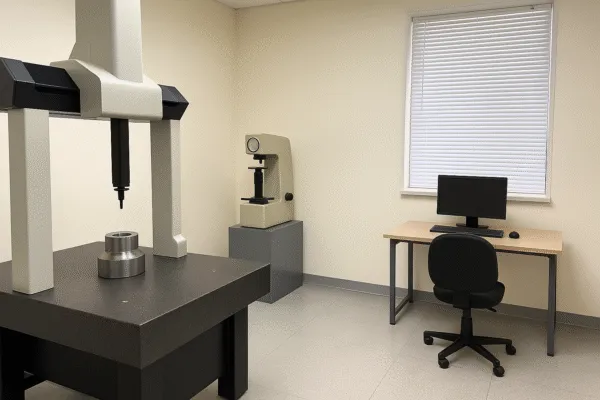 Quality control lab with a coordinate measuring machine (CMM) and a hardness testing device, used for inspecting and ensuring the precision of manufactured parts.