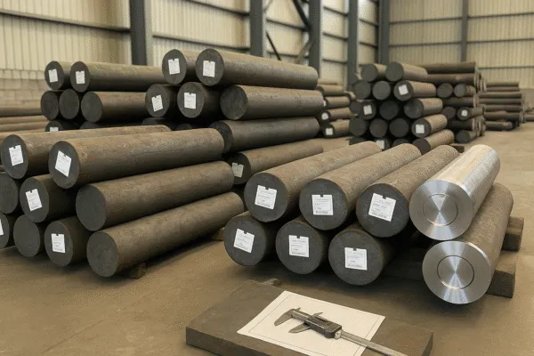 Stockpile of raw steel bars in a storage warehouse, with labels for identification and a caliper measuring dimensions from a technical drawing.