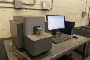 Spectrometer device for material analysis connected to a computer, displaying test results for a metal sample.