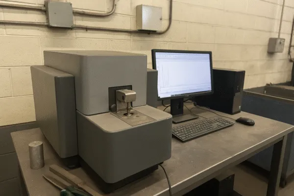 Spectrometer device for material analysis connected to a computer, displaying test results for a metal sample.