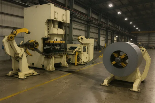 Automated stamping line with robotic arms feeding metal coil into a press machine for high-efficiency metal forming.