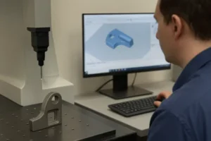 Technician performing quality control on a metal part using a coordinate measuring machine (CMM), with CAD data displayed on the screen.