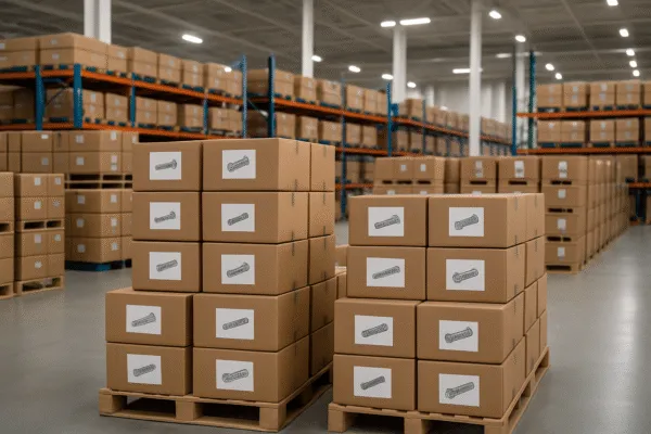 Stacks of cardboard boxes containing screws, ready for shipment in a well-organized warehouse.