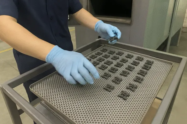 Worker placing small metal parts onto a tray for further processing in a manufacturing facility.