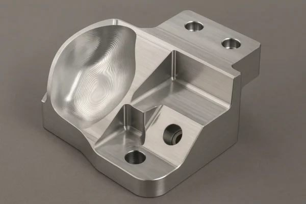 Five-axis CNC-machined aluminum part with intricate curves, cavities, and precision holes on a gray surface.