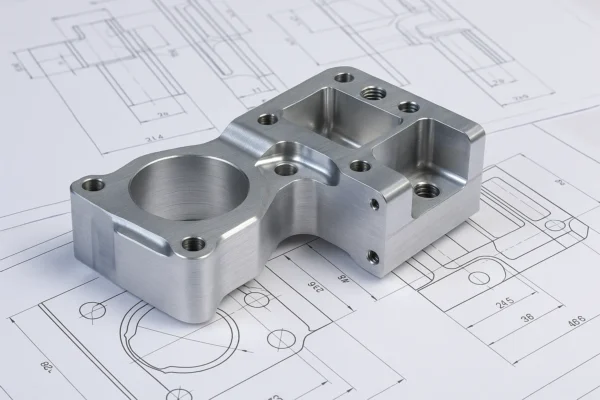Precision CNC-machined aluminum automotive component resting on detailed engineering blueprints