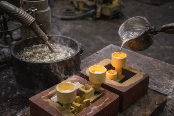 Controlled melt handling and venting preparation area for reducing gas porosity risk in castings.