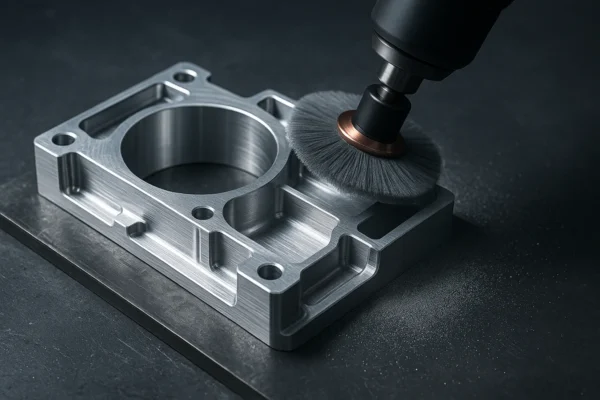 CNC aluminum part being polished with a rotary brush on a workbench.