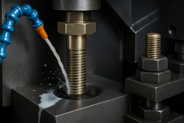 A high-resolution image of metal fastener production showing a large brass bolt being processed with coolant spray in an industrial setting.