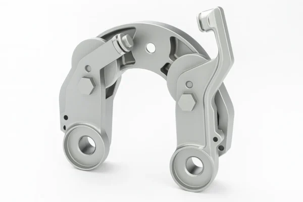 Close-up view of a silver precision brake caliper assembly with smooth machined surfaces and mounting holes.