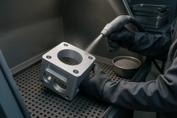 Worker shot blasting a CNC-machined aluminum part inside an industrial cabinet to achieve a matte finish