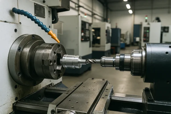 CNC machine cutting a cylindrical metal part in a modern, automated workshop.