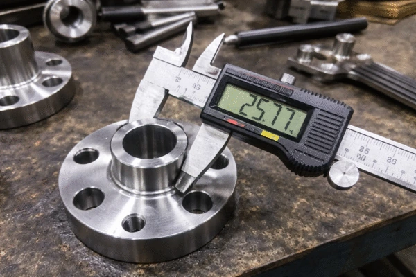 Close-up of caliper measuring a metal part critical dimension.