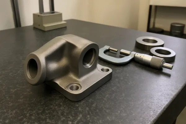 Quality engineer measuring a precision-cast metal part using a micrometer during inspection.