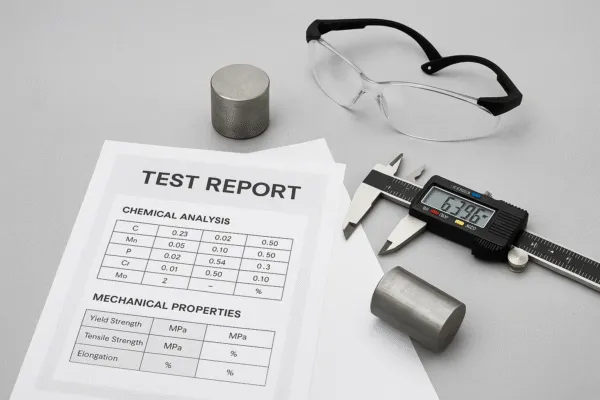 High-resolution image of a metal sample with digital calipers, safety goggles, and a material test report.