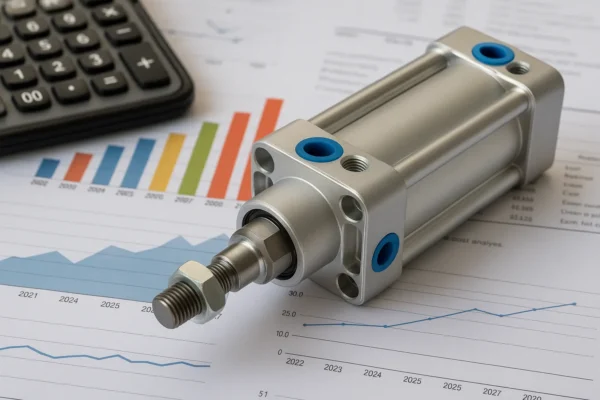 High-resolution image of a pneumatic cylinder placed on financial charts and graphs.