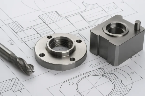 Three precision-machined collar tooling components placed on a detailed engineering drawing, showcasing an integrated design concept.