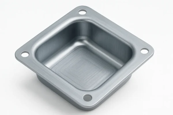 Metallic square-shaped recessed bracket with a brushed interior surface and flange mounting holes, positioned on a clean white backdrop with soft lighting emphasizing its contours and texture.