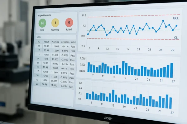 A computer monitor displaying SPC control charts and inspection data in a manufacturing environment, with graphs and result tables clearly visible.