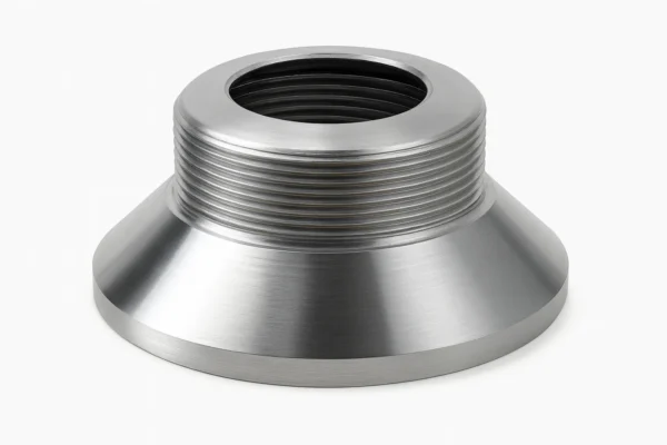 Metallic threaded bushing with a wide, smooth conical base and cylindrical top section featuring clean, precision-cut threads, photographed on a neutral white surface.