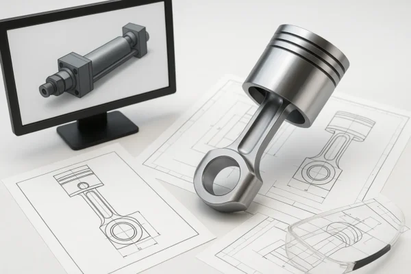 High-resolution image of a piston placed over engineering drawings with a digital 3D model displayed on a nearby screen.