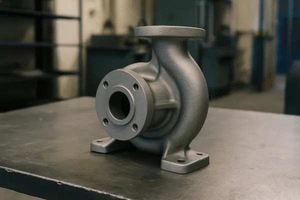 Industrial pump housing casting with controlled mating surfaces and mounting holes.