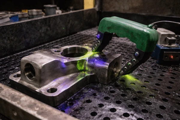 Magnetic particle inspection applied to detect surface and near-surface cracks on ferromagnetic parts.