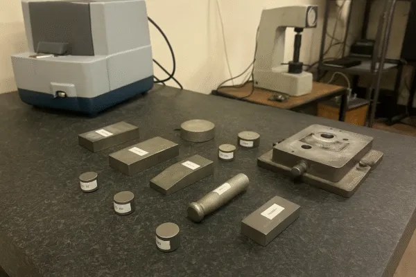Metal casting material inspection report with chemical, structural, and mechanical analysis shown in a lab with testing instruments.