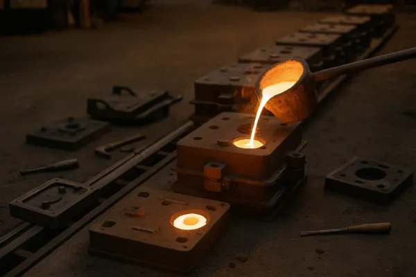 Molten metal pouring into mold in foundry with controlled process and safety protection.
