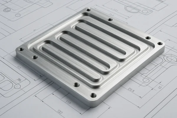 CNC-machined aluminum cooling plate with serpentine channels for EV battery systems, positioned on technical engineering blueprints