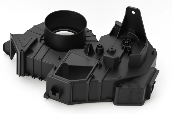 Black plastic automotive housing with cylindrical duct and complex molded structures.