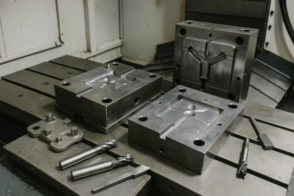 High-precision metal casting mold with complex runner system for controlled molten metal flow.