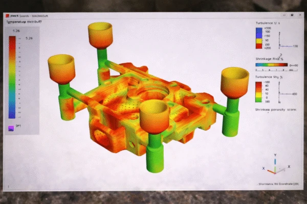 Casting simulation-style visualization showing filling and solidification risk zones for gating and feeding optimization.