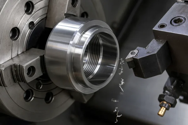 A close-up view of a precision-machined cylindrical metal neck ring secured in a CNC lathe, with a cutting tool shaping the outer surface.