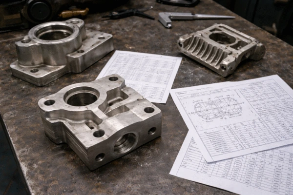 Finished machined castings with inspection paperwork prepared for buyer verification.