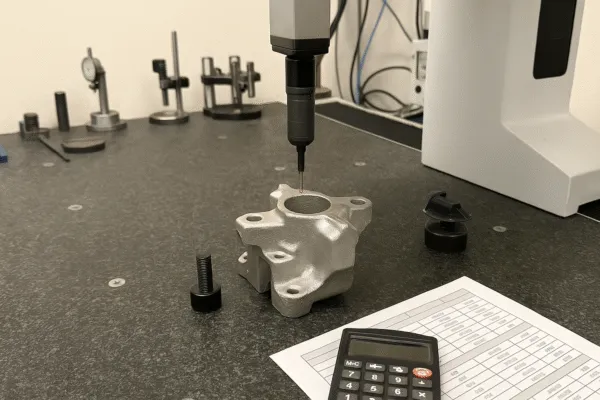 Quality inspection workflow for metal parts, including dimensional measurement and verification planning in a controlled environment.