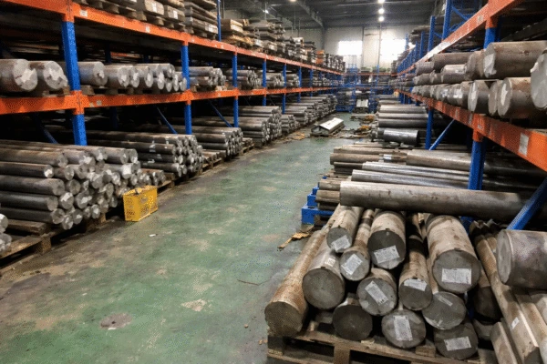 Raw material warehouse racks with organized storage and labeling.