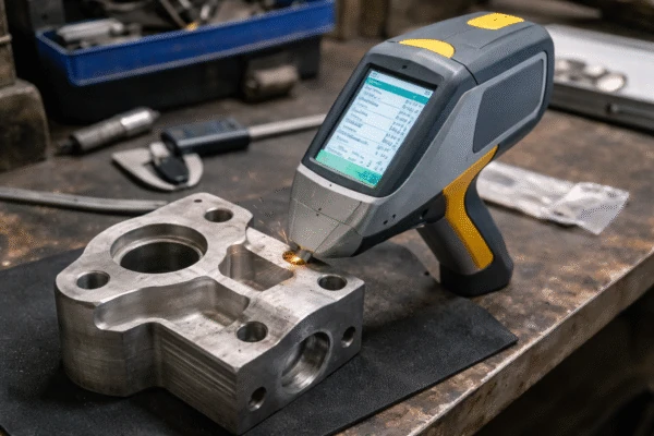 PMI/OES spectrometer checking alloy chemistry on a metal sample for grade verification.