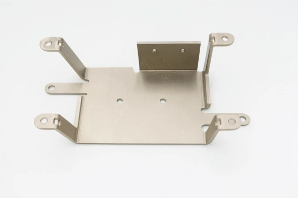 Stainless steel electronic mounting bracket with four extended arms and precision-cut holes, shown on a white backdrop.