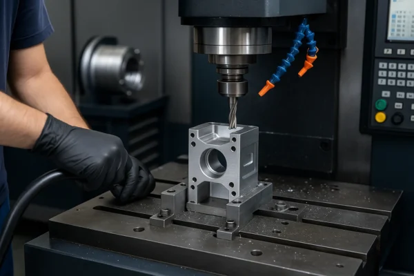 CNC machine milling an aluminum part during precision machining.
