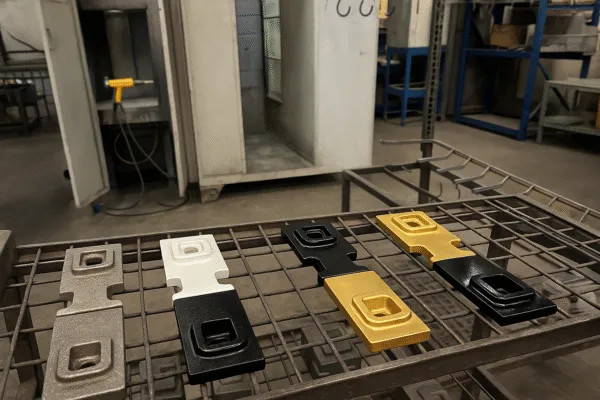 Worker applying powder coating to suspended metal casting parts using a yellow spray gun in an industrial environment.