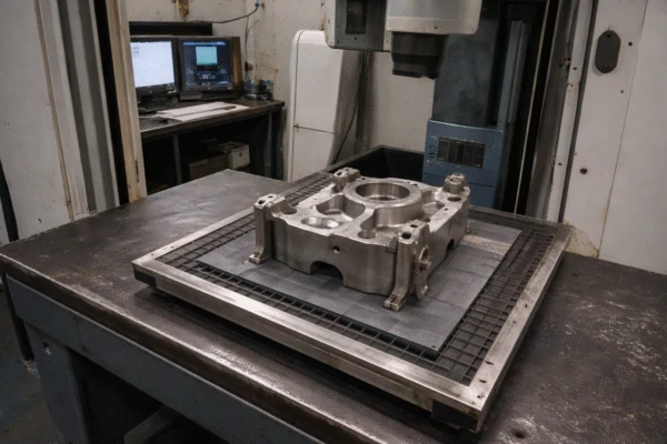 Industrial radiography inspection setup used to detect internal defects in metal parts.