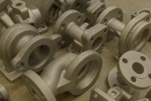 Close-up of as-cast pump housings and flanged cast fittings grouped together before machining and finishing.