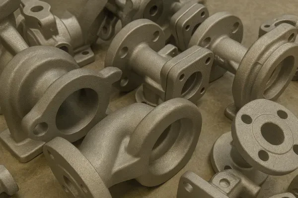 Close-up of as-cast pump housings and flanged cast fittings grouped together before machining and finishing.