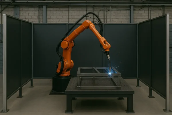 Automated welding station with a robotic arm assembling a steel frame in a factory environment.