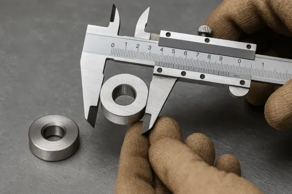 High-resolution image of a precision caliper measuring the outer diameter and thickness of a machined custom metal part.